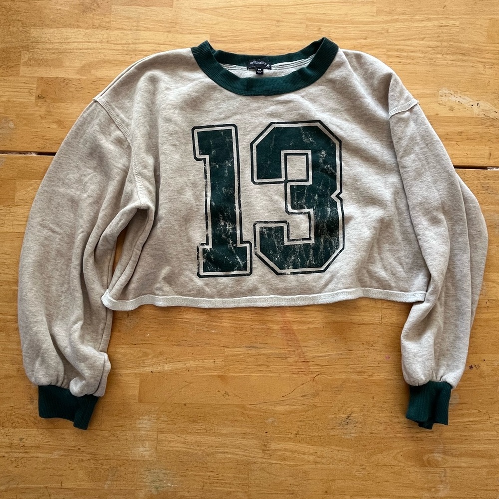 Cream and Green Cropped Sweatshirt